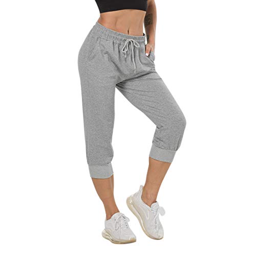 Pantalón Chándal y Deportivo para Mujer Pantalones de Estilo Libre Pantalones Hasta la Pantorrilla Elástico para Corredores Pantalón con Bolsillos y Cordón Ajustable para Deporte Yoga Gimna (Gris, XL)