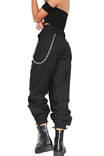 Pantalon con Cadena y Bolsillos Mujer Retro Boyfriend Pantalone Chandal Cargo Baggy Hip Hop Danza Harem Pants Leggins Deporte Cintura Alta Sólido Casual Trousers Verano Pantalones Punk Rock Streetwear