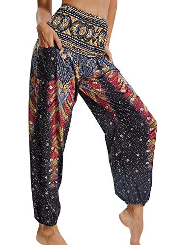 Pantalones de Yoga Mujer Harem Boho del Lazo del Pavo Real Flaral Funky #2 Flor Impresa-B