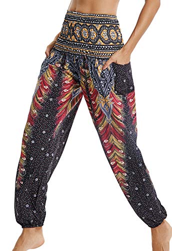 Pantalones de Yoga Mujer Harem Boho del Lazo del Pavo Real Flaral Funky #2 Flor Impresa-B