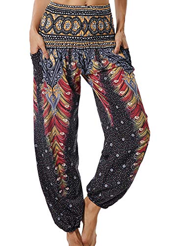 Pantalones de Yoga Mujer Harem Boho del Lazo del Pavo Real Flaral Funky #2 Flor Impresa-B