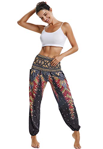 Pantalones de Yoga Mujer Harem Boho del Lazo del Pavo Real Flaral Funky #2 Flor Impresa-B