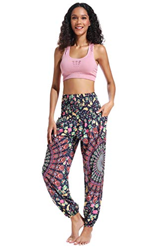 Pantalones de Yoga Mujer Harem Boho del Lazo del Pavo Real Flaral Funky #2 Flor Impresa-D