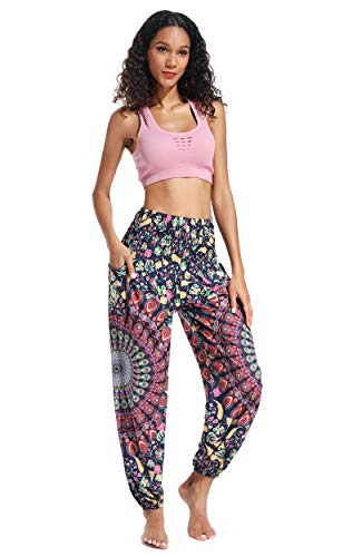 Pantalones de Yoga Mujer Harem Boho del Lazo del Pavo Real Flaral Funky #2 Flor Impresa-D