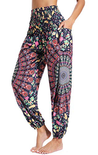 Pantalones de Yoga Mujer Harem Boho del Lazo del Pavo Real Flaral Funky #2 Flor Impresa-D