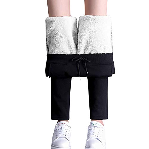 Pantalones térmicos de correr para mujer con cordón, pantalones de senderismo forrados, leggings deportivos con forro polar interior, pantalones de chándal con bolsillo Negro M