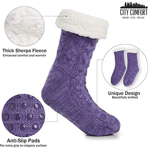 Pantuflas mullidas para mujeres y hombres que retienen el calor, con suela antideslizante - Calcetines de punto de lana Sherpa, también para la cama