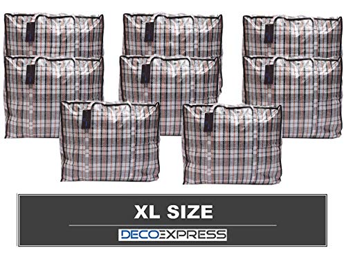 Paquete de 8 bolsas de compras XX-Large STRONG Storage Laundry - Bolsas XXL con cremallera y asas a cuadros - Bolsa reutilizable con cierre de cremallera (surtido)