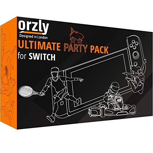 Paquete de accesorios de fiesta Orzly para Nintendo Switch Console con controladores y ruedas de carreras, bandas de baile, raquetas de tenis -16 accesorios para fiestas y bolsa de transporte