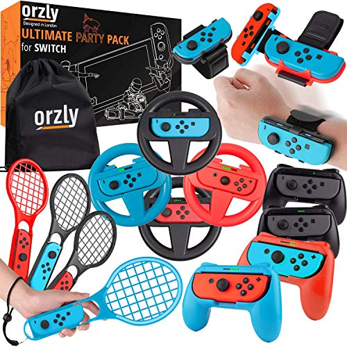 Paquete de accesorios de fiesta Orzly para Nintendo Switch Console con controladores y ruedas de carreras, bandas de baile, raquetas de tenis -16 accesorios para fiestas y bolsa de transporte Paquete de accesorios de fiesta Orzly para Nintendo Switch Console con controladores y ruedas de carreras, bandas de baile, raquetas de tenis -16 accesorios para fiestas y bolsa de transporte