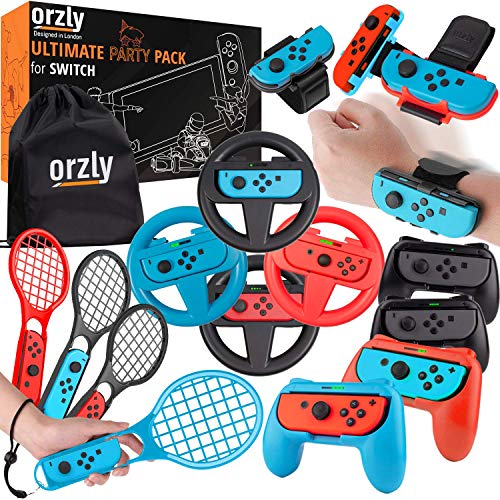 Paquete de accesorios de fiesta Orzly para Nintendo Switch Console con controladores y ruedas de carreras, bandas de baile, raquetas de tenis -16 accesorios para fiestas y bolsa de transporte