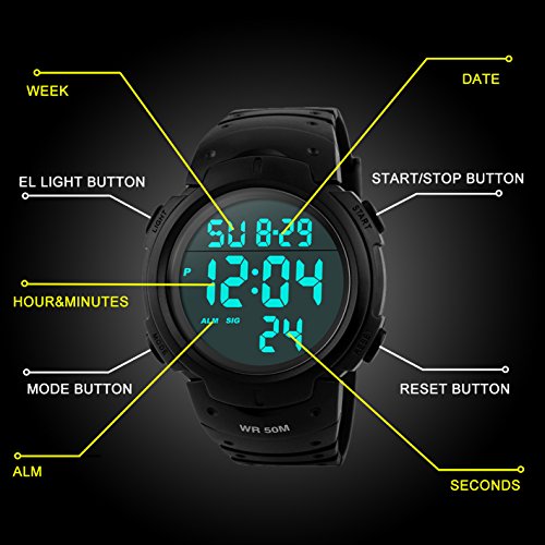 para la práctica de Deportes de los Relojes Digitales - 50 m Impermeable Deporte Reloj con Alarma Cronómetro, Color Negro Big Face Running Reloj de Pulsera con.