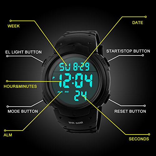 para la práctica de Deportes de los Relojes Digitales - 50 m Impermeable Deporte Reloj con Alarma Cronómetro, Color Negro Big Face Running Reloj de Pulsera con. para la práctica de Deportes de los Relojes Digitales - 50 m Impermeable Deporte Reloj con Alarma Cronómetro, Color Negro Big Face Running Reloj de Pulsera con.