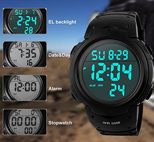 para la práctica de Deportes de los Relojes Digitales - 50 m Impermeable Deporte Reloj con Alarma Cronómetro, Color Negro Big Face Running Reloj de Pulsera con.