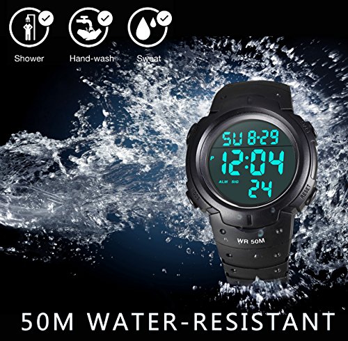 para la práctica de Deportes de los Relojes Digitales - 50 m Impermeable Deporte Reloj con Alarma Cronómetro, Color Negro Big Face Running Reloj de Pulsera con.