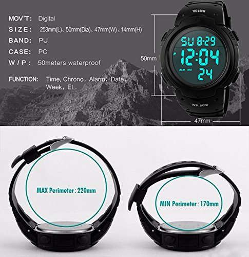 Para la práctica de deportes de los relojes digitales - al aire libre impermeable Deporte Reloj con alarma, Big Face Military muñeca relojes con retroiluminación LED para running hombres - Negro VDSOW Para la práctica de deportes de los relojes digitales - al aire libre impermeable Deporte Reloj con alarma, Big Face Military muñeca relojes con retroiluminación LED para running hombres - Negro VDSOW
