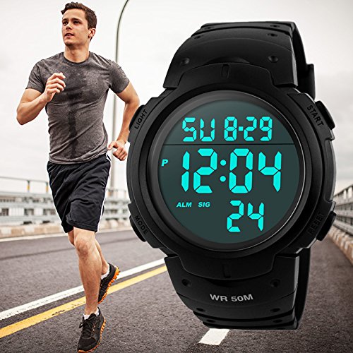 Para la práctica de deportes de los relojes digitales - al aire libre impermeable Deporte Reloj con alarma, Big Face Military muñeca relojes con retroiluminación LED para running hombres - Negro VDSOW