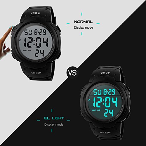 Para la práctica de deportes de los relojes digitales - al aire libre impermeable Deporte Reloj con alarma, Big Face Military muñeca relojes con retroiluminación LED para running hombres - Negro VDSOW