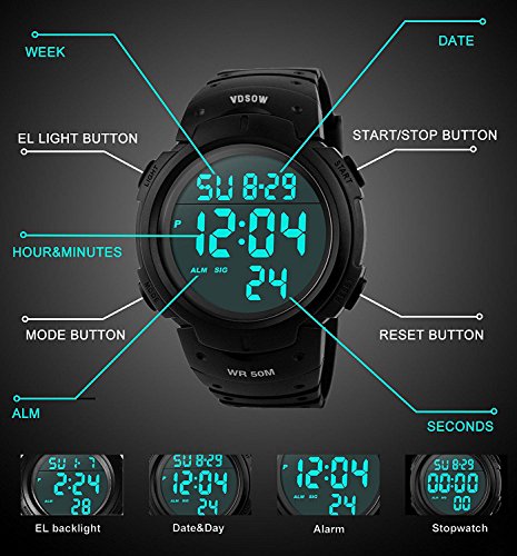 Para la práctica de deportes de los relojes digitales - al aire libre impermeable Deporte Reloj con alarma, Big Face Military muñeca relojes con retroiluminación LED para running hombres - Negro VDSOW