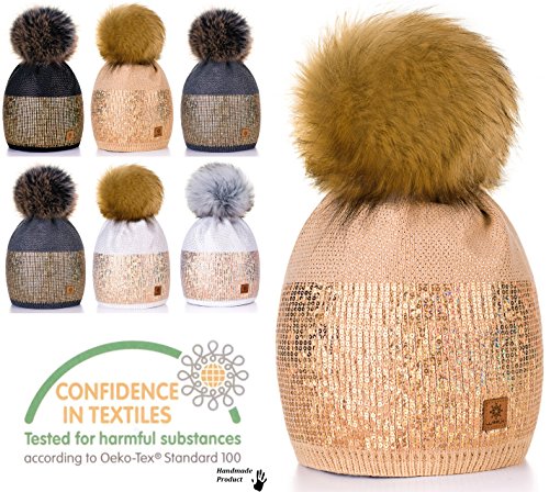 Para Mujer Invierno Más Cálido Sombrero Gorra with Large Pom Pom de la Bola Gorra tejida Gorra Grande Snowboard Ski Bobble Small Crystals Sequins 4sold (Beige)