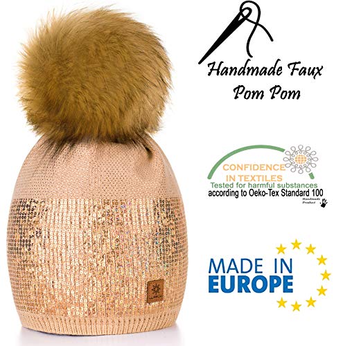 Para Mujer Invierno Más Cálido Sombrero Gorra with Large Pom Pom de la Bola Gorra tejida Gorra Grande Snowboard Ski Bobble Small Crystals Sequins 4sold (Beige)