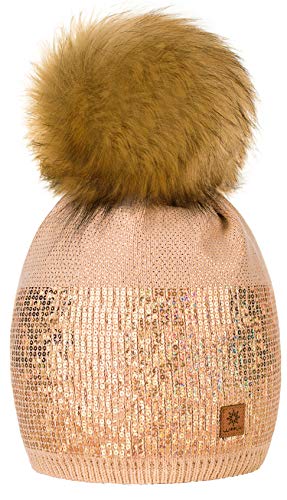 Para Mujer Invierno Más Cálido Sombrero Gorra with Large Pom Pom de la Bola Gorra tejida Gorra Grande Snowboard Ski Bobble Small Crystals Sequins 4sold (Beige)