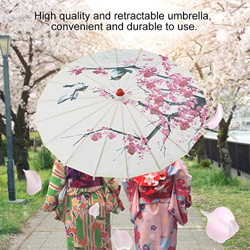 Paraguas de papel, Retráctil clásico hecho a mano aceite papel paraguas pintura accesorios de baile a prueba de lluvia sombrilla con flores de ciruelo y mango de madera