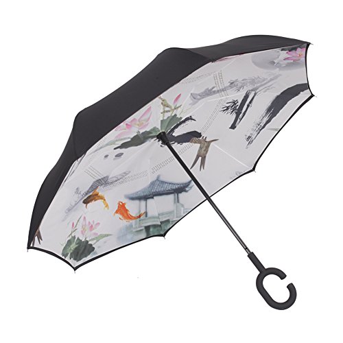 Paraguas invertido de doble capa independiente que se mantiene en pie por s&iacute solo paraguas de plegado invertido con mango en forma de C para mantener las manos libres mejor para viajar