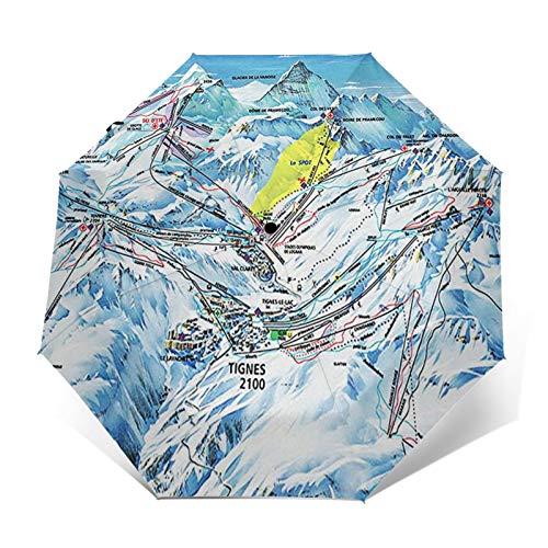 Paraguas Plegable Automático Impermeable Mapa de Pistas de Tignes, Paraguas De Viaje Compacto a Prueba De Viento, Folding Umbrella, Dosel Reforzado, Mango Ergonómico