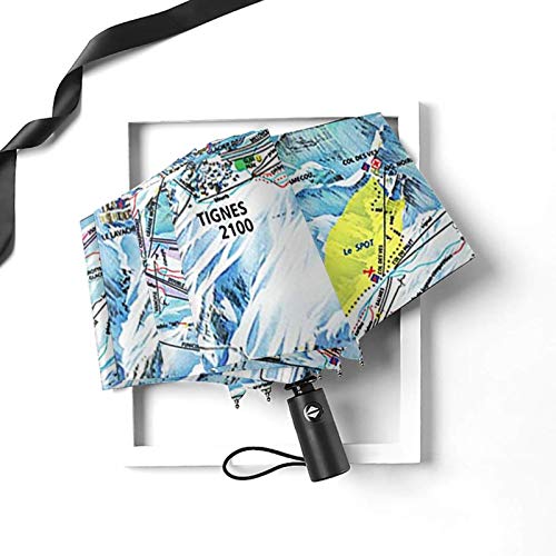 Paraguas Plegable Automático Impermeable Mapa de Pistas de Tignes, Paraguas De Viaje Compacto a Prueba De Viento, Folding Umbrella, Dosel Reforzado, Mango Ergonómico