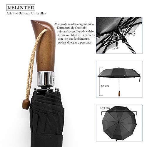 Paraguas Plegable Elegante Resistente al Viento-Automático e Impermeable- Mango de Madera Clásico -10 Varillas reforzadas Antioxidantes - para Hombre y Mujeres - Diseñado en Galicia