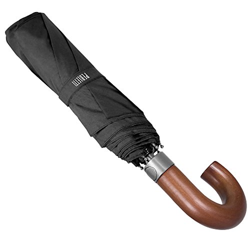 Paraguas Plegable Negro Mango Curvo Madera Hombre - Paraguas Compacto Corto de Viaje Practico y Elegante - Antiviento Resistente Automático - Diametro 104 cm - Perletti (Mango Curvo de Madera)