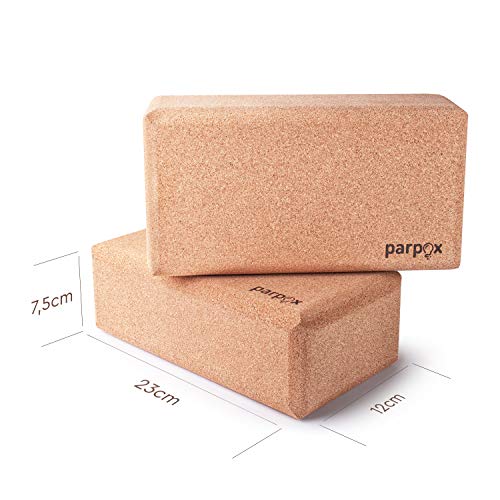 Parpox Bloque Yoga de Corcho Premium | Yoga Block en Corcho 100% Natural y Sostenible | Set con Bolsa de Almacenamiento y Transporte Estirar, Pilates y Todo Tipo de Yoga | Paquete de 2