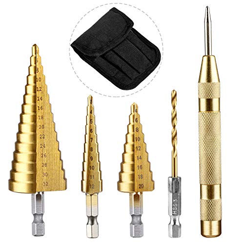 Paso Brocas Escalonadas & HSS Cobalto Brocas Helicoidales & Titanio Brocas, Vástago Hexagonal, 4-12/4-20/4-32mm, con Punzón Central Automático, Cortador de Agujeros para Madera Plástico Metal etc Paso Brocas Escalonadas & HSS Cobalto Brocas Helicoidales & Titanio Brocas, Vástago Hexagonal, 4-12/4-20/4-32mm, con Punzón Central Automático, Cortador de Agujeros para Madera Plástico Metal etc