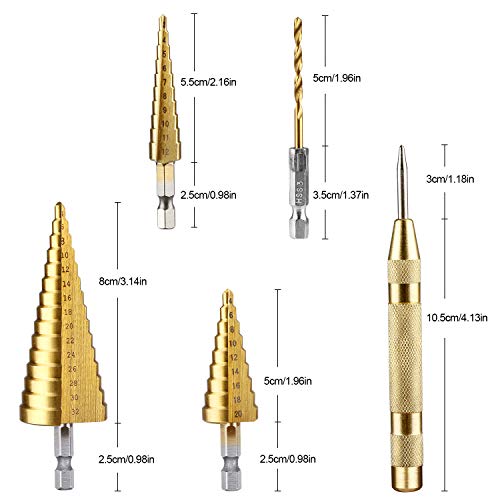 Paso Brocas Escalonadas & HSS Cobalto Brocas Helicoidales & Titanio Brocas, Vástago Hexagonal, 4-12/4-20/4-32mm, con Punzón Central Automático, Cortador de Agujeros para Madera Plástico Metal etc