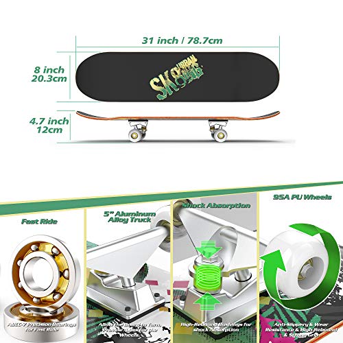 Patinetas para principiantes, patineta completa con rodamiento ABEC 7, rueda 95A, cubierta de arce de 8 capas para adolescentes y adultos, patineta doble Kick Deck Concave Cruiser Trick