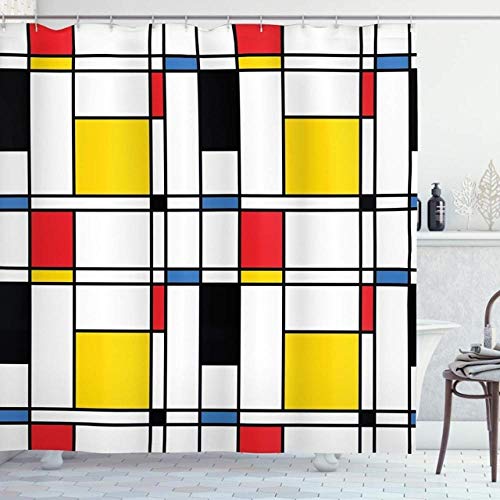 PatróN Azul Pintura Moderna Abstracta En Mondrian Colorida Bauhaus Cortina De Ducha De Tela De PoliéSter Impermeable-W150xh180cm