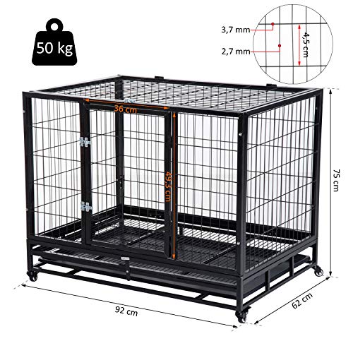 PawHut Jaula de Metal para Mascotas Tipo Perro Grande con Ruedas y Bandeja Extraíble 92x62x75cm