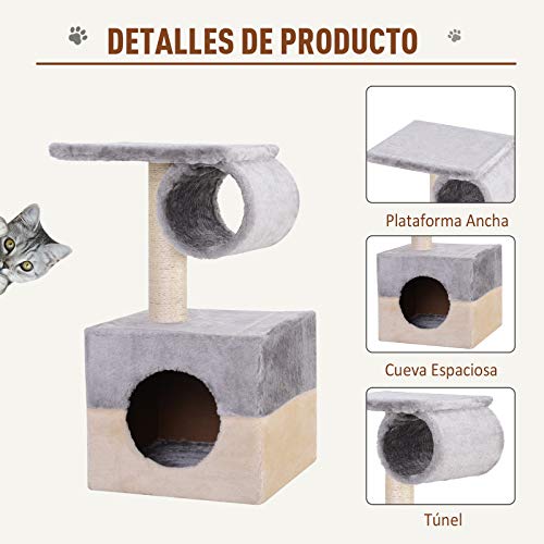 PawHut Rascador Árbol para Gatos Poste Centro 31x31x58cm Arañar Dormir Jugar Felpa Casa Cama