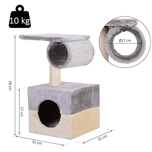 PawHut Rascador Árbol para Gatos Poste Centro 31x31x58cm Arañar Dormir Jugar Felpa Casa Cama