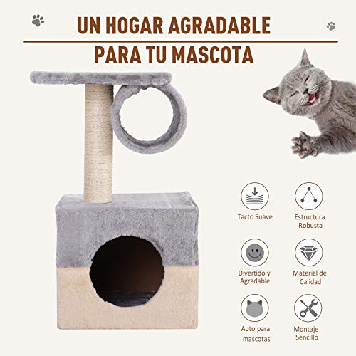 PawHut Rascador Árbol para Gatos Poste Centro 31x31x58cm Arañar Dormir Jugar Felpa Casa Cama