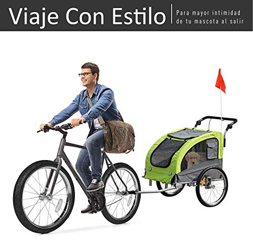 Pawhut Remolque Bicicleta Perros Carro Cochecito para Transporte Mascota 2 en 1 con Barra de Paseo Amortiguador Rueda Giratoria 360° Reflectores Carga Máx. 30kg