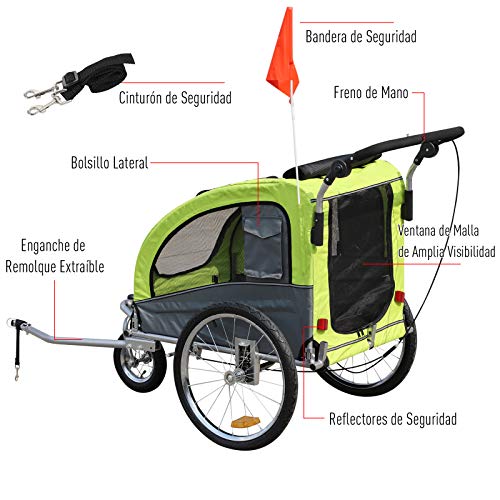 Pawhut Remolque Bicicleta Perros Carro Cochecito para Transporte Mascota 2 en 1 con Barra de Paseo Amortiguador Rueda Giratoria 360° Reflectores Carga Máx. 30kg