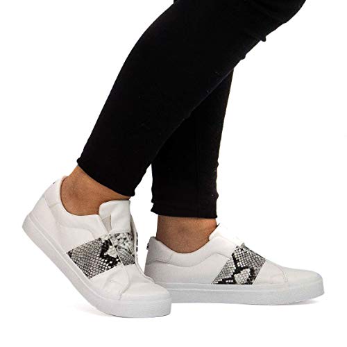 PAYMA - Zapatillas Bambas Deportivas Plataforma Mujer. Tenis Deporte, Casual y Caminar. Cierre Elastico y Velcro. Blancas y Animal Print