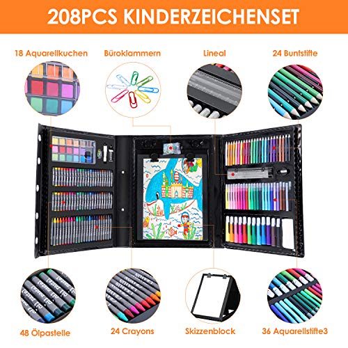 Pedy 208 pcs Estuche de Pinturas para Niños, Maletín de Pinturas - Incluye Ceras, Pinturas al Agua, Pasteles al Óleo, Rotuladores, Borrador, Lápices de Agua, Lápices de Colores Bloc de Bocetos