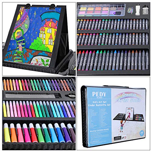 Pedy 208 pcs Estuche de Pinturas para Niños, Maletín de Pinturas - Incluye Ceras, Pinturas al Agua, Pasteles al Óleo, Rotuladores, Borrador, Lápices de Agua, Lápices de Colores Bloc de Bocetos