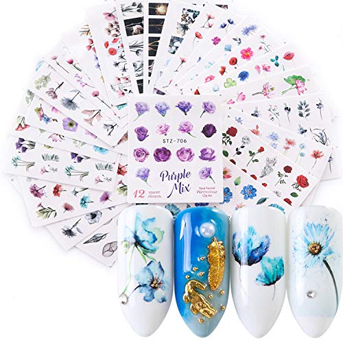 Pegatinas Uñas，Kapmore 24 Hojas Pegatinas Uñas Decorativas Nail Art Stickers Elegante Estampado de Fores Decoracion (1)