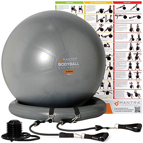 Pelota de Pilates | Balón de Ejercicio | Bola de Embarazada, Yoga, Fitness y Gimnasio - 55cm / 65cm / 75cm Anti Explosión Fitball Silla Equilibrio con Base, Gomas de Resistencia, Guia Fitness y Bomba