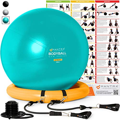 Pelota de Pilates | Balón de Ejercicio | Bola de Embarazada, Yoga, Fitness y Gimnasio - 55cm / 65cm / 75cm Anti Explosión Fitball Silla Equilibrio con Base, Gomas de Resistencia, Guia Fitness y Bomba