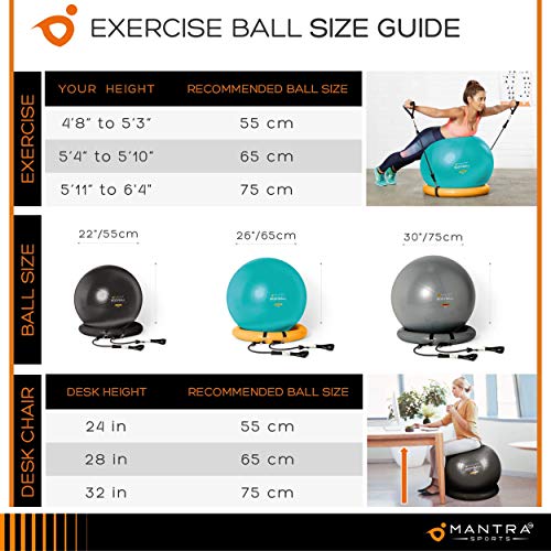 Pelota de Pilates | Balón de Ejercicio | Bola de Embarazada, Yoga, Fitness y Gimnasio - 55cm / 65cm / 75cm Anti Explosión Fitball Silla Equilibrio con Base, Gomas de Resistencia, Guia Fitness y Bomba